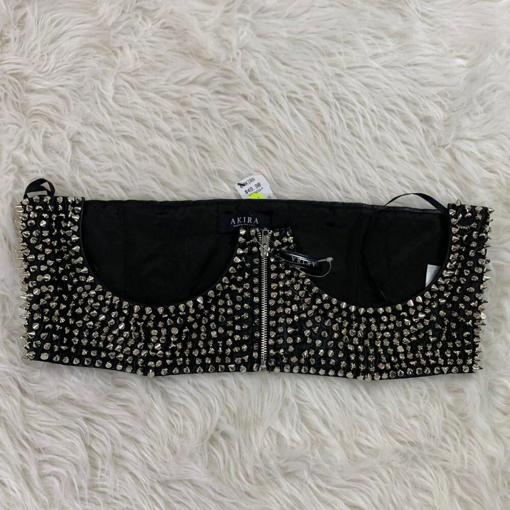 Akira Black faux leather silver studded under bust belt bustier corset top 1XL